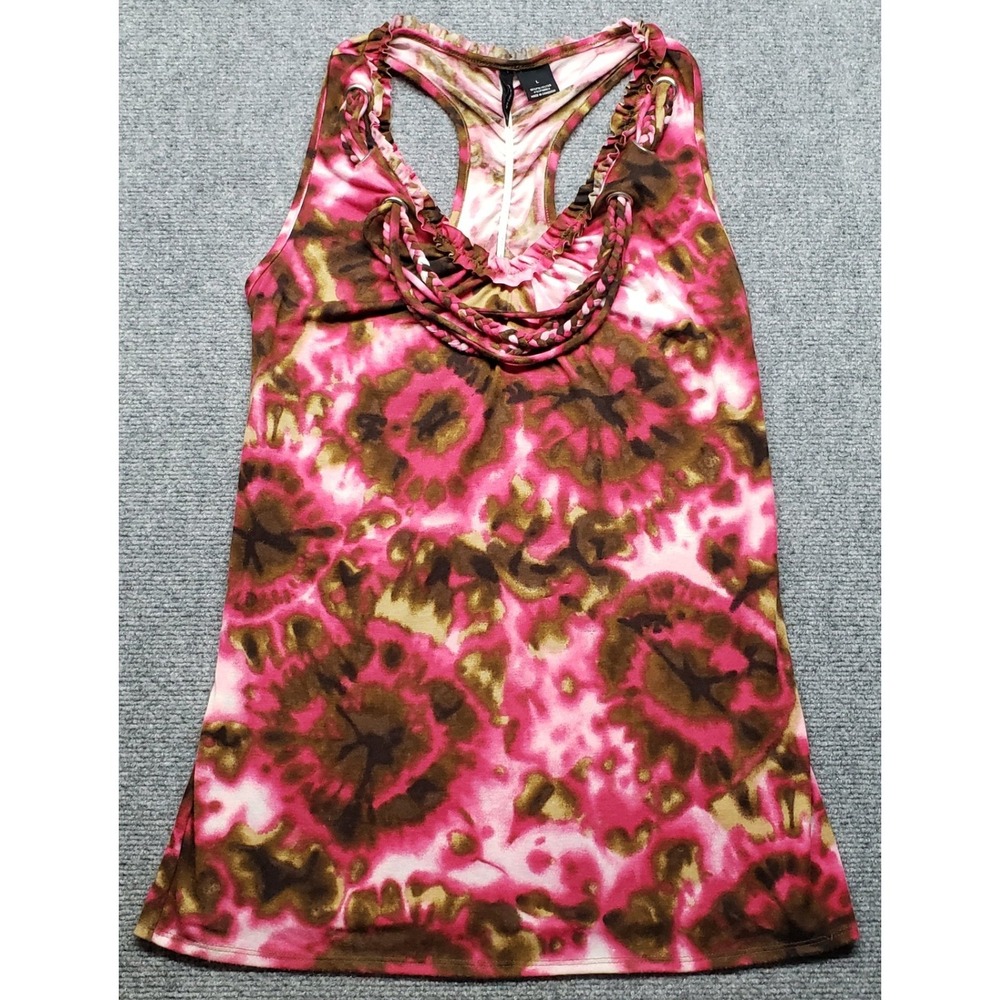 New Directions Tank Top Womens L Pink Brown Floral Braided Ruffle Racerback